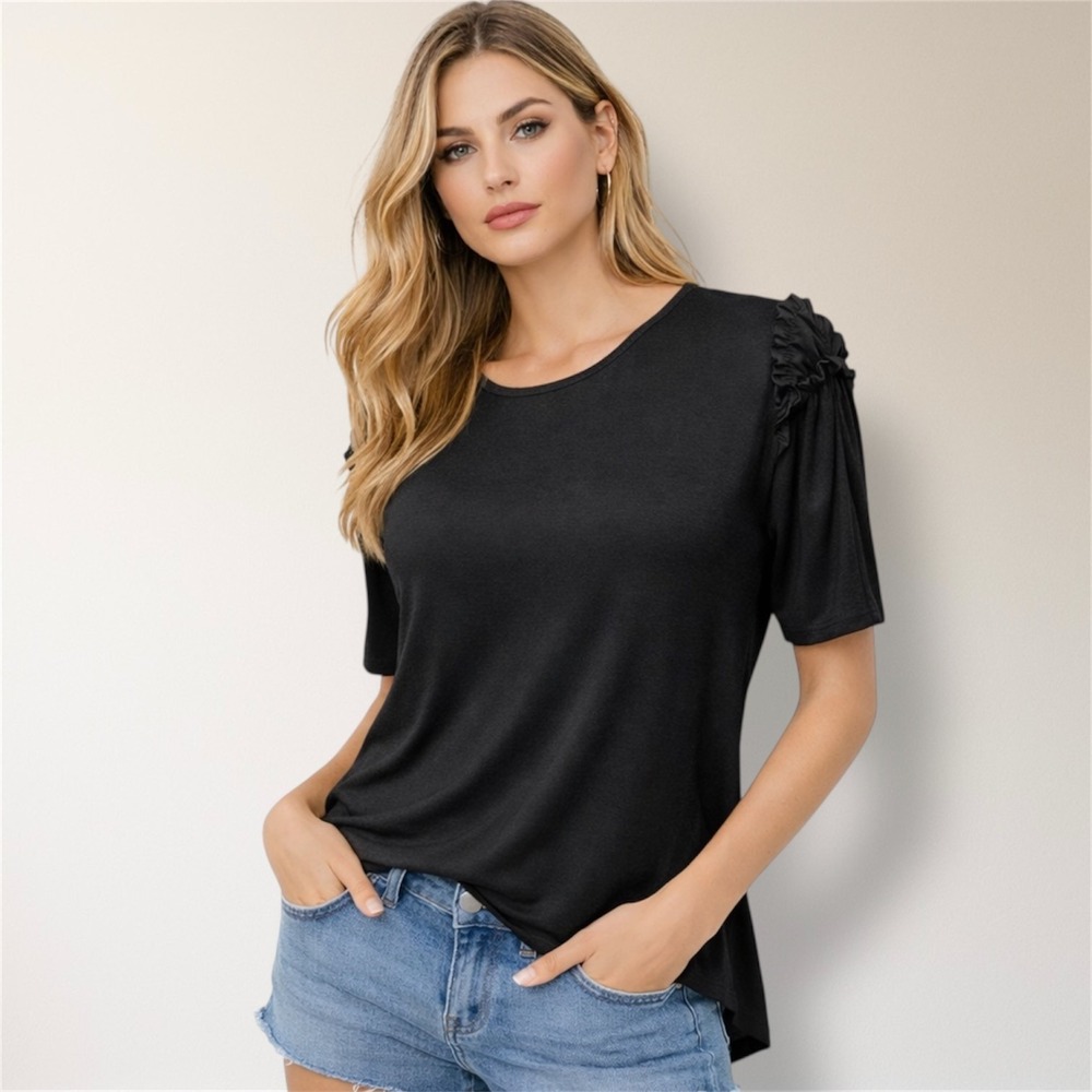New After‎ Market S Black Ruffle Shoulder Short Sleeve Blouse Cottagecore Boho